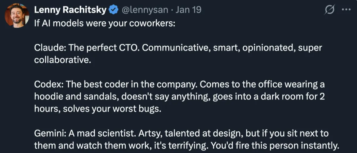 Lenny Rachitsky comparing AI model personalities: Claude as the creative partner, GPT as the generalist, Gemini as the research assistant, and Codex as the autistic senior engineer