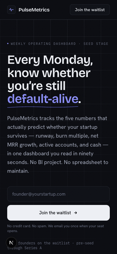 The PulseMetrics landing page on a phone-width screen: the hero headline, subheadline, and email capture form stack cleanly into a single mobile column.