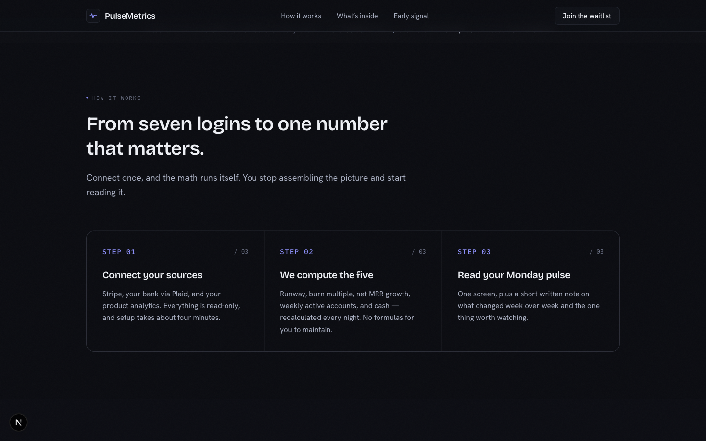 The PulseMetrics 'How it works' section: a three-step sequence — connect your sources, we compute the five metrics, read your Monday pulse — laid out as a clean spec-sheet grid with monospace step labels.